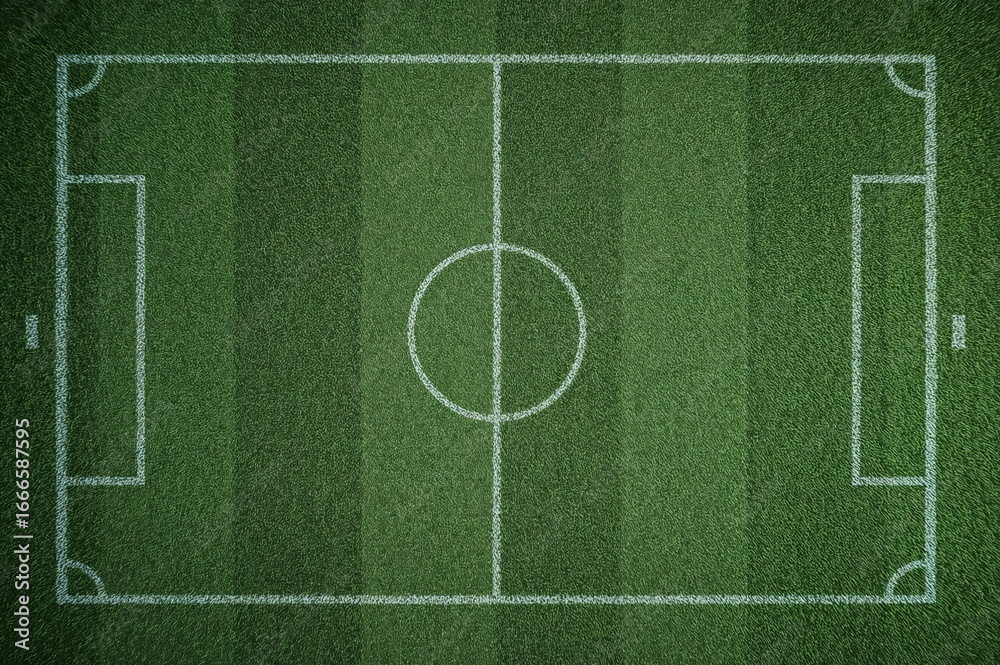 Fototapeta premium Aerial Perspective of a Lush Soccer Pitch Featuring Detailed Grass Texture and Mowing Lines