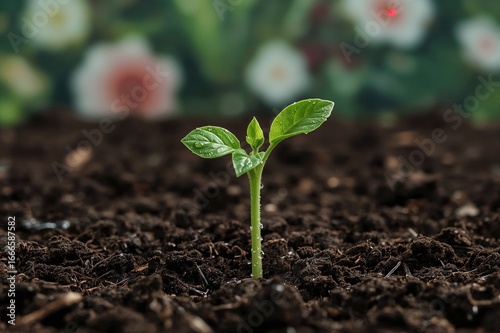Young green pepper sprout with compost and water in a natural garden setting