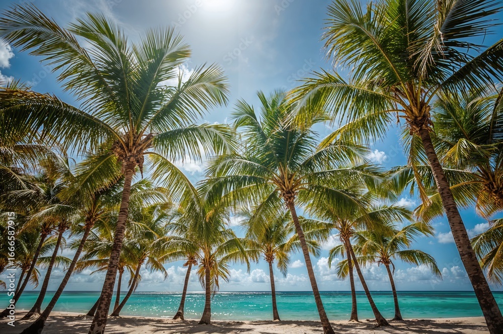 Fototapeta premium Lush palm fronds dancing softly in warm island winds under a bright azure sky, crafting a perfect holiday atmosphere.