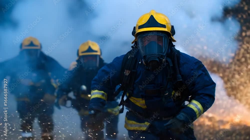 A dedicated team of firefighters in protective gear expertly handles fire extinguishers amidst dense smoke and sparks, showcasing intense focus during a firefighting drill. A dedicated team of firefighters in protective gear expertly handles fire extinguishers amidst dense smoke and sparks, showcasing intense focus during a firefighting drill.