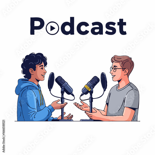 Vector illustration of two people chatting and discussing in a podcast, sharing knowledge and interesting information in a casual and creative atmosphere