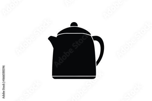 A black silhouette of a coffee pot with a handle and lid on white