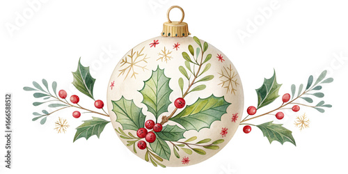 Watercolor Christmas Ornament with Holly and Berries, Isolated on Transparent Background, Digital Painting, Holiday Decoration, Christmas, Ornament, Winter