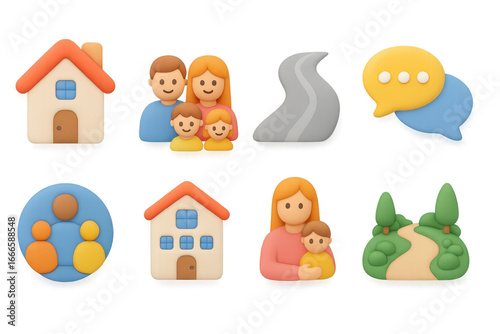 Colorful 3d family and home icons with pastel tones