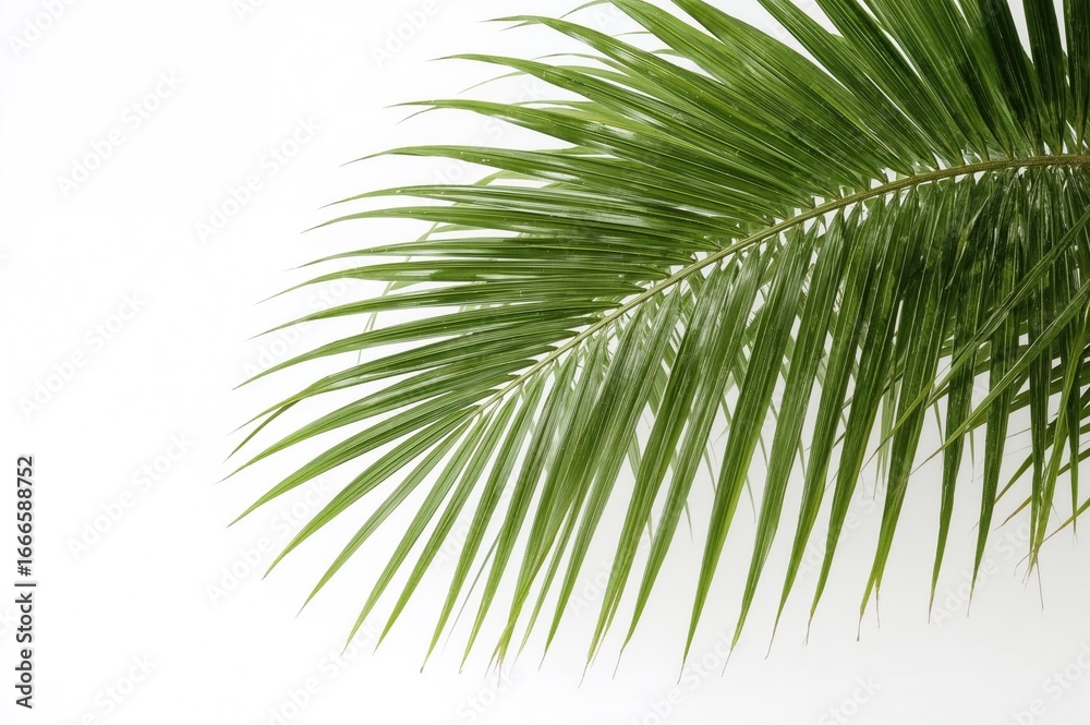 Obraz premium Single palm tree green leaf on a plain white backdrop