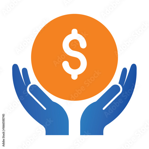 Vector illustration of hands holding a gold coin symbolizing savings and generous donations.eps