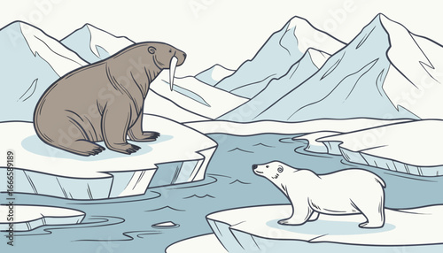 Illustration of a walrus and polar bears on ice floes with snowy mountains in the background scene