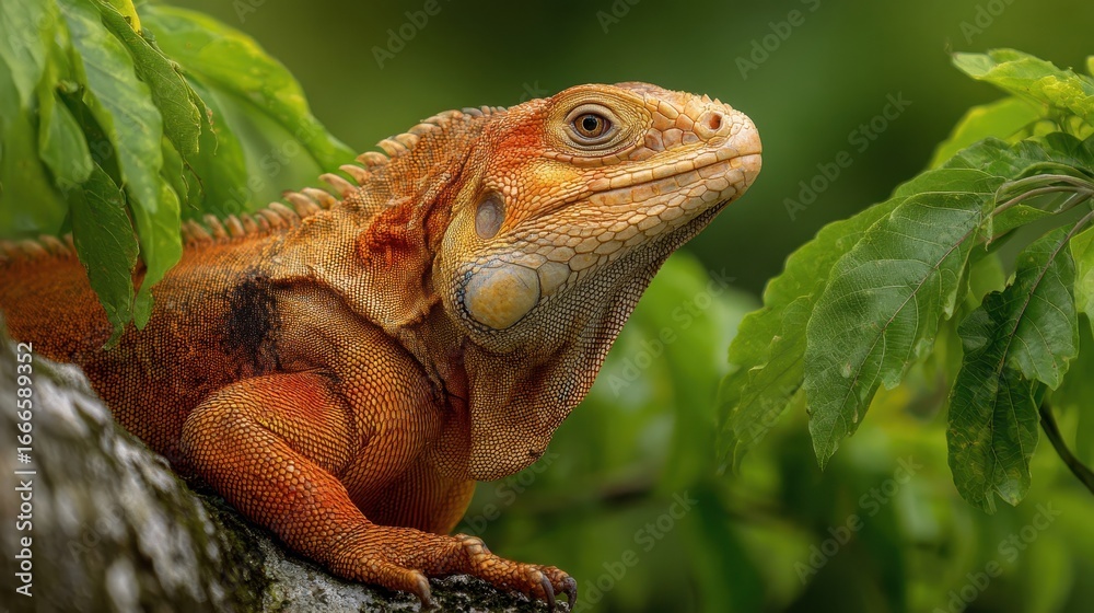 Fototapeta premium Orange iguana resting on a branch, surrounded by vivid green leaves. Perfect for educational content, nature documentaries, and reptile themed designs.