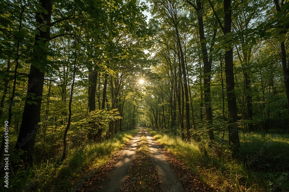 Naklejka premium Lush forest pathway illuminated by autumn sunlight