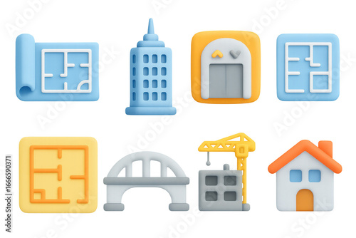 Colorful 3d construction and architecture icons set for design projects