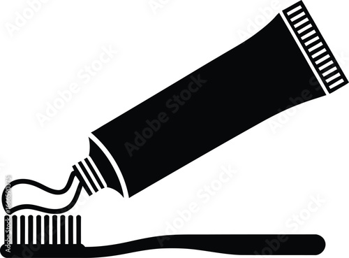 Black and white illustration of a toothpaste tube squeezing paste onto a toothbrush