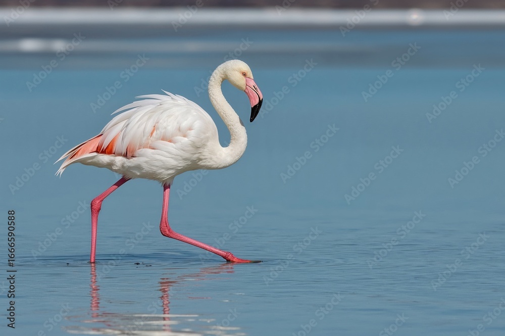 Obraz premium Wading white bird exploring shallow waters during low tide in winter