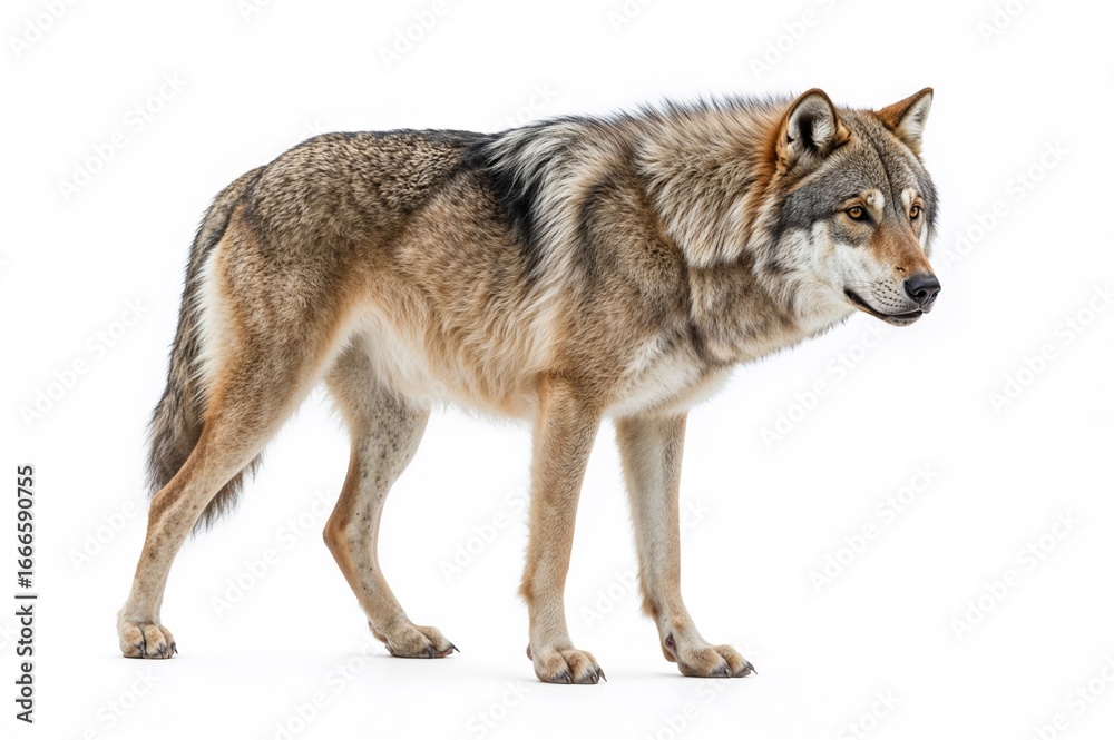 Fototapeta premium Lone gray wolf on a plain white backdrop