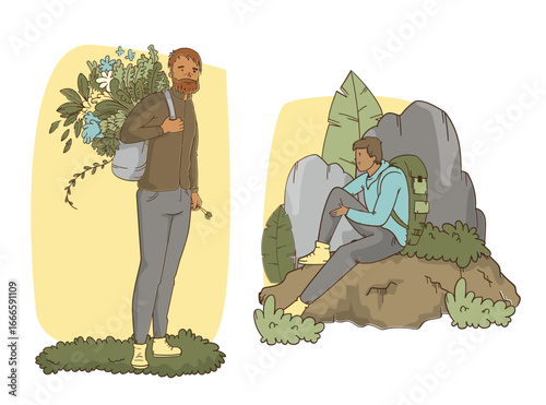 A Traveler is sitting on a rock in a forest, surrounded by tall trees and bushes. The man is holding a branch with leaves, and the woman is leaning on him. It represents a peaceful moment in nature