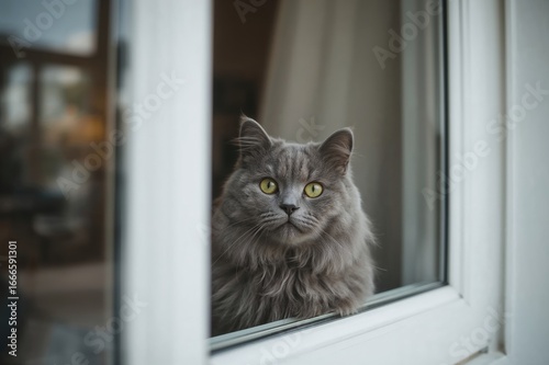 Wallpaper Mural Gray feline gazes outside through the glass Torontodigital.ca