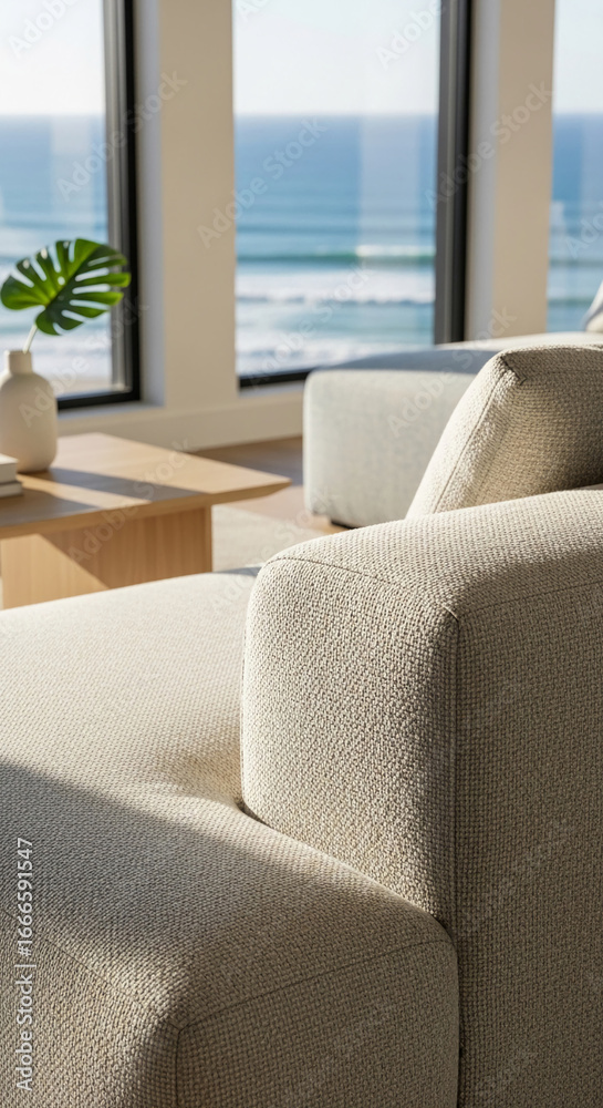Fototapeta premium Close-up of beige fabric texture on sofa armrest, showcasing smooth, even weave. Ocean view background suggests relaxation and coastal living, ideal for home decor or furniture websites