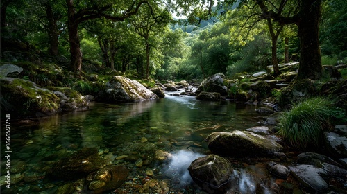 Peaceful, long-exposure photograph of a clear stream flowing gently over smooth, moss-covered rocks in a vibrant green, sun-dappled and enchanting forest.