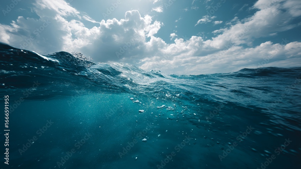 Fototapeta premium Wide view of vibrant blue ocean surface and tranquil underwater scene with sunlight breaking through clouds, creating a peaceful marine atmosphere