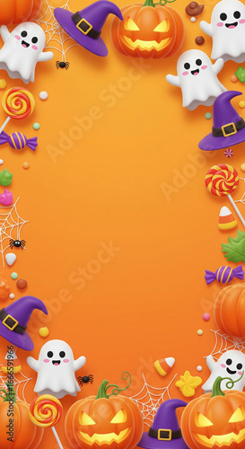 Vibrant Halloween border with playful pumpkins, friendly ghosts, and colorful candies on a bright orange background, perfect for festive messages and seasonal greetings with ample copy space