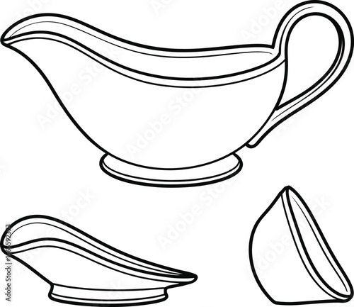 Classic gravy boat and sauces illustration line art