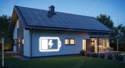 A modern house with solar panels on the roof, symbolizing renewable energy and sustainable living at night time
