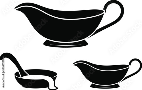 Silhouette of three gravy boats and a ladle with sauce