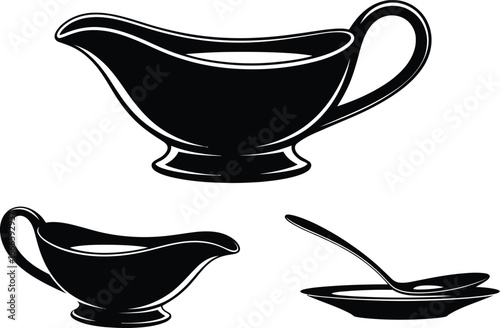 Classic gravy boat with ladle and small boat illustration