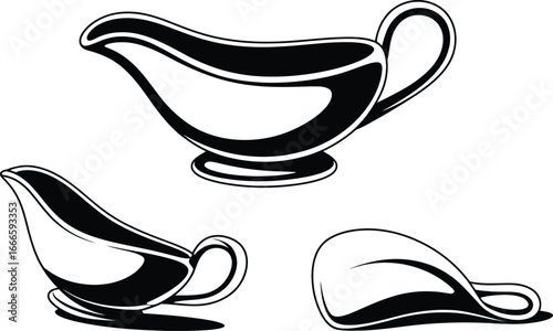 Three gravy boats in a sketchy black and white style