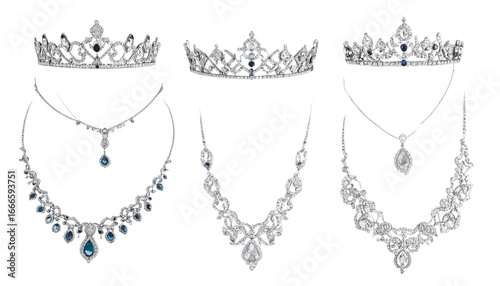Diamond tiaras and necklaces, luxury jewelry on transparent background