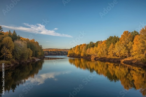 Autumnal Golden Forest by the Lake and River