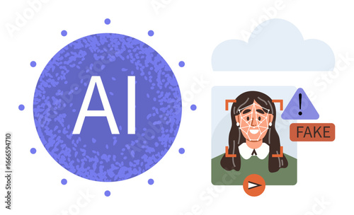 AI identifying fake media with facial recognition map, warning sign, play button, and fake label. Ideal for cybersecurity, AI ethics, technology, media authenticity, privacy innovation