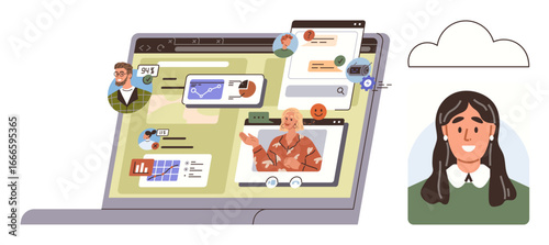 Open laptop with various profiles, charts, messages, and video calls emphasizing teamwork and digital networking. Ideal for communication, remote work, innovation, project management, education
