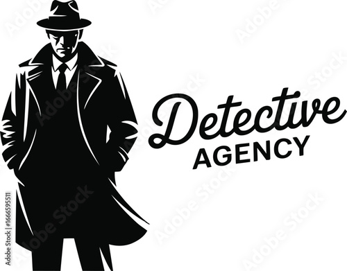 Retro detective agency logo with trench coat man and fedora