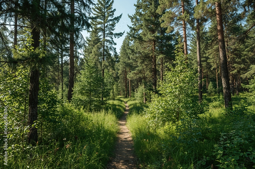 Fototapeta premium Clearing and Pathway Within a Boreal Woodland. Untamed Plant Life and Ecosystem of the Far North