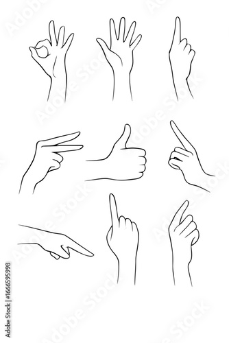 Hand gestures in various poses: pointing, okay, thumbs up, for diverse communication needs