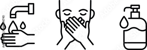 Hygiene icons showing hand washing covering mouth and hand sanitizer