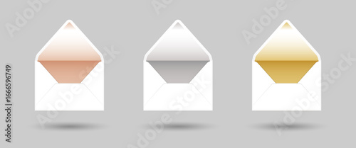 White open envelope with gold, silver and pink gold liner mockup template. Euro flap luxury mailing envelope for wedding, invitations, graduation, birthday, party and more.