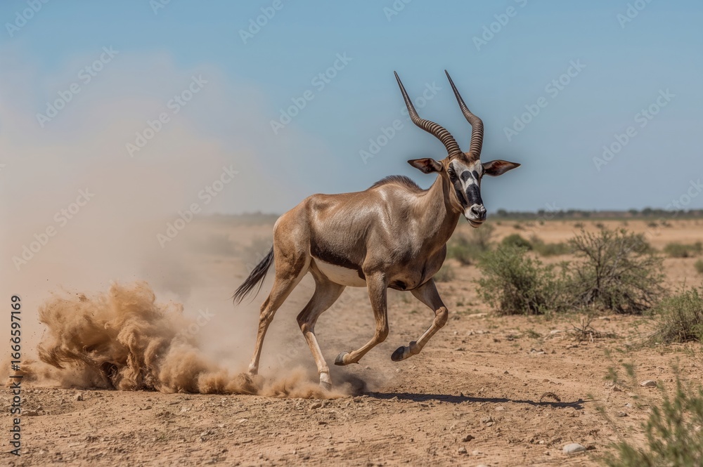 Fototapeta premium Gemsbok sprinting, raising a cloud of dust
