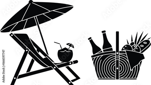 Beach chair with umbrella and picnic basket illustration