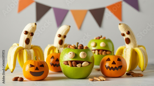 Fun and spooky halloween treats made from fruit and vegetables for kids party