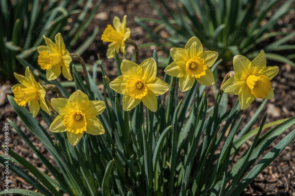 Obraz premium Vibrant yellow daffodils flourishing amidst lush green stems in a bright spring garden.