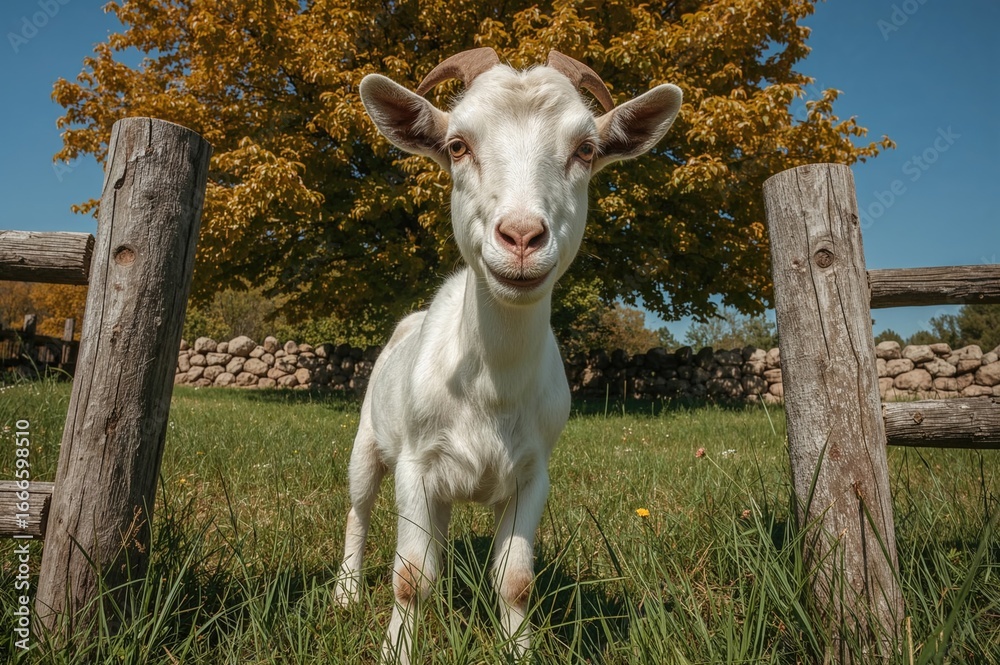 Obraz premium Amusing white goat nibbling on greenery with its head through a rustic wooden barrier during a sunny day