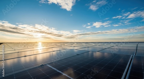 Close up of solar panel reflecting the sky and clouds at sunset, showcasing renewable energy and sustainable technology
