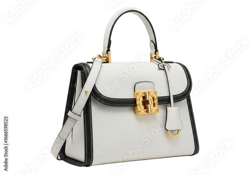 Elegant white and black leather handbag with gold hardware isolated on transparent background