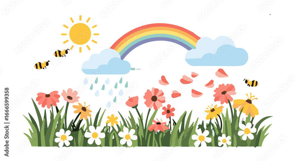 Fototapeta premium Illustration of a sunny day with a rainbow clouds flowers bees and petals falling from the sky scene