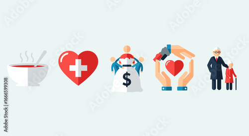 Illustration depicting soup, heart with cross, money bag, hands with heart, and elderly couple