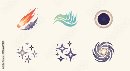 Collection of cosmic elements featuring a comet water waves portal stars and a galaxy illustration