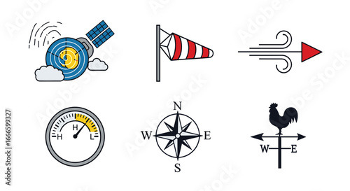 Illustration of weather monitoring tools including satellite windsock wind gauge compass and weather vane