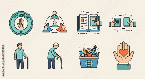 Collection of icons representing volunteering, community, and assistance for the elderly and needy