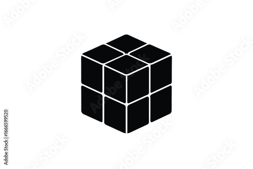 A black and white 3D cube made of smaller cubes on a plain background silhouette